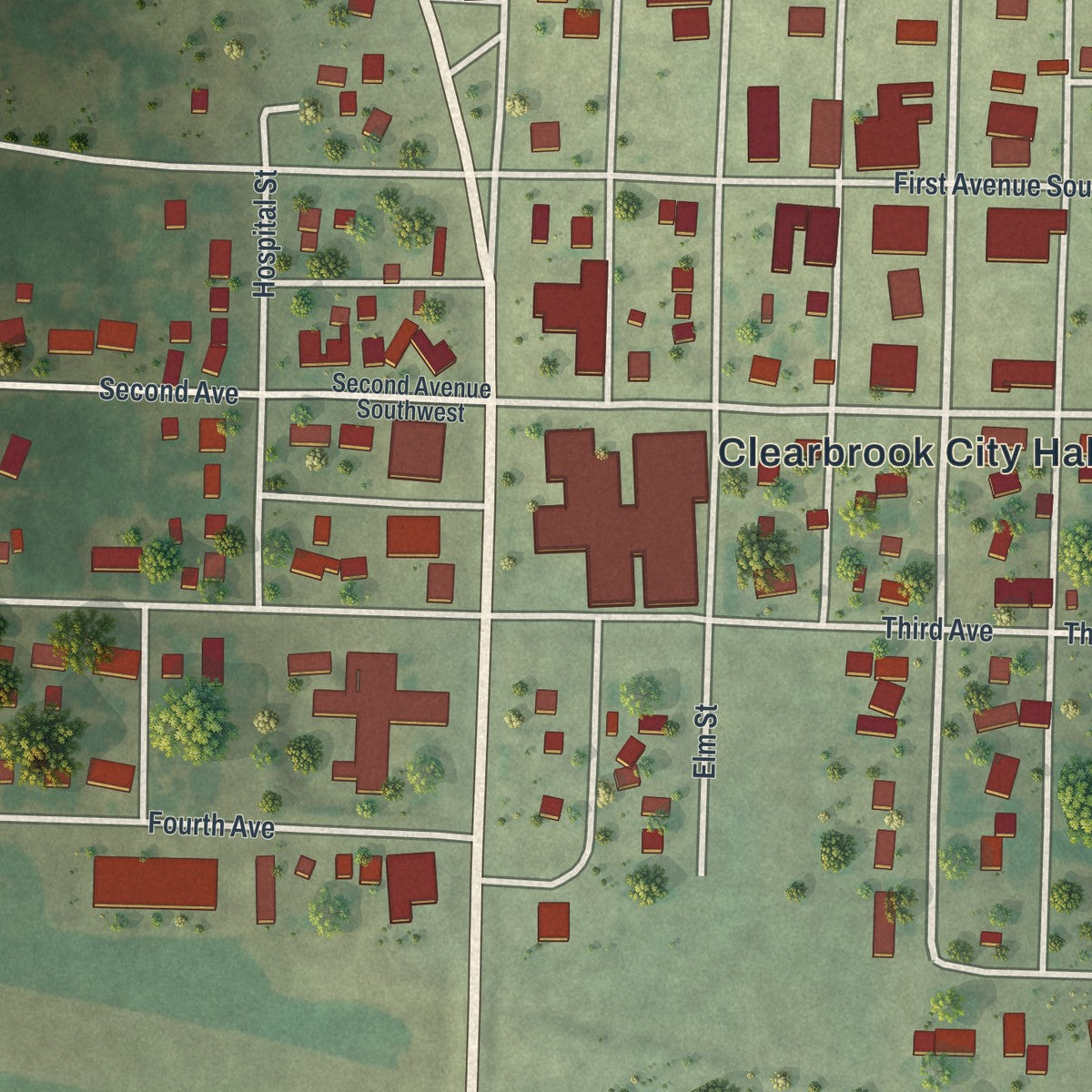 Close-up of the map of Clearbrook, Minnesota print showing street and building detail
