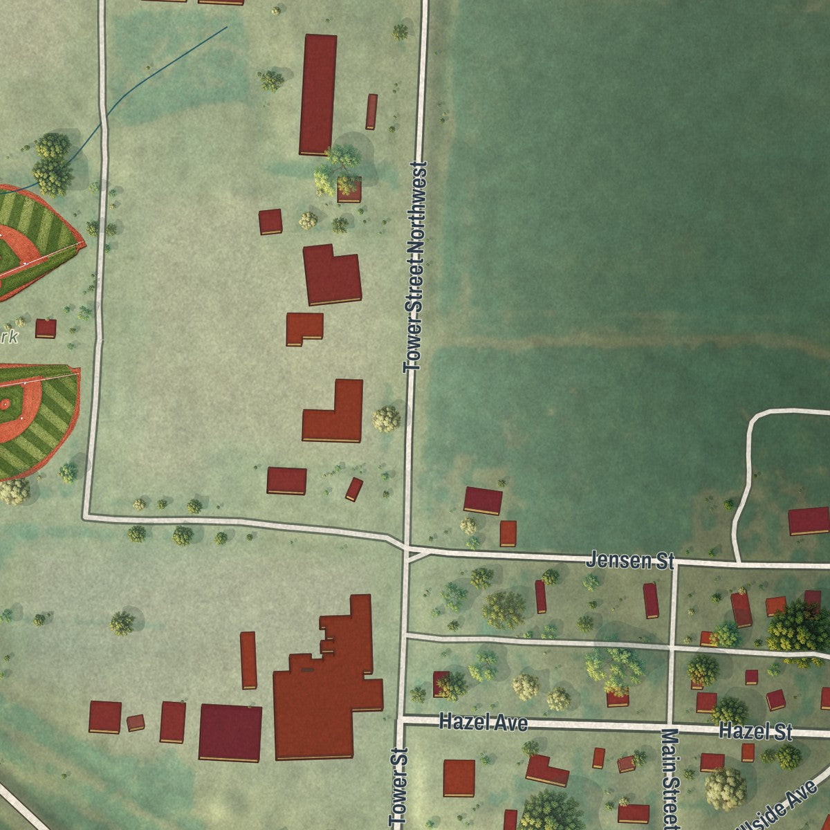 Second close-up of the map of Clearbrook, Minnesota print showing more streets and buildings