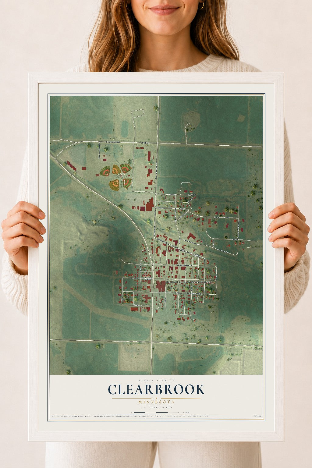 Map of Clearbrook, Minnesota, 18 x 24 inch print in a white wood frame
