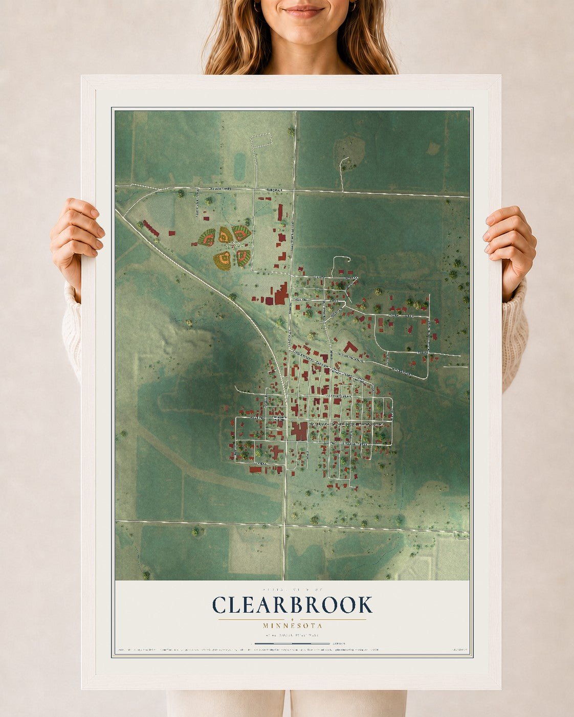 Map of Clearbrook, Minnesota, 24 x 36 inch print in a white wood frame