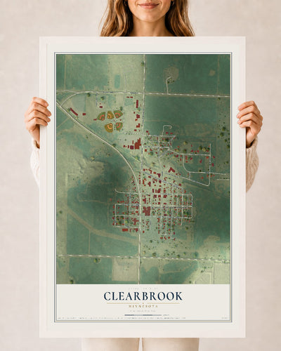 Map of Clearbrook, Minnesota, 24 x 36 inch print in a white wood frame