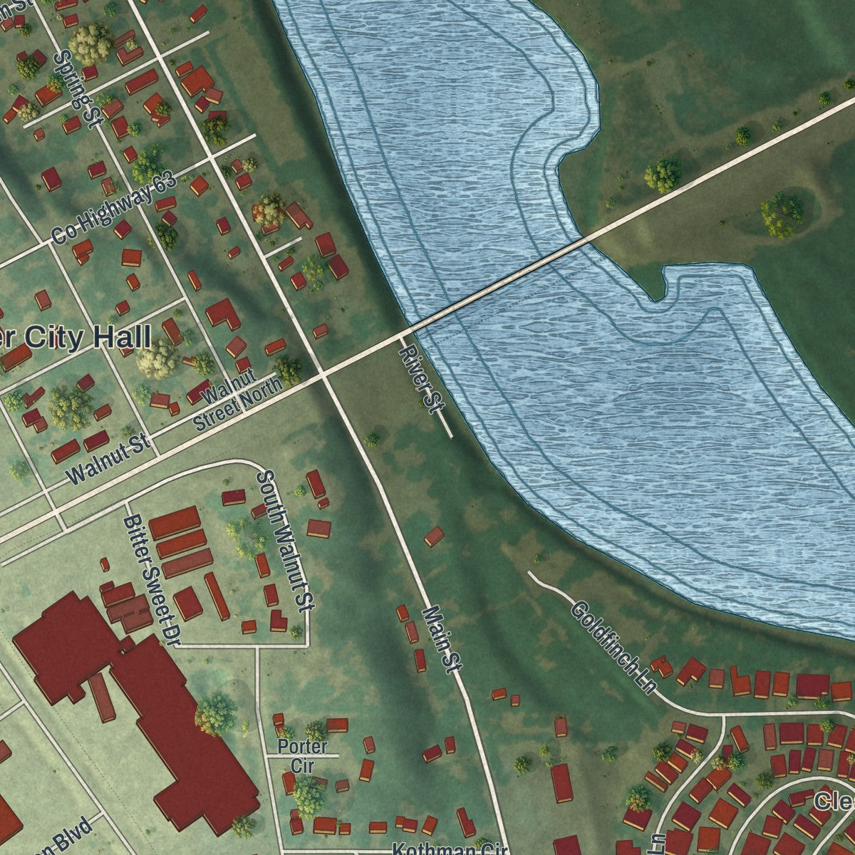 Close-up of the map of Clearwater, Minnesota print showing street and building detail