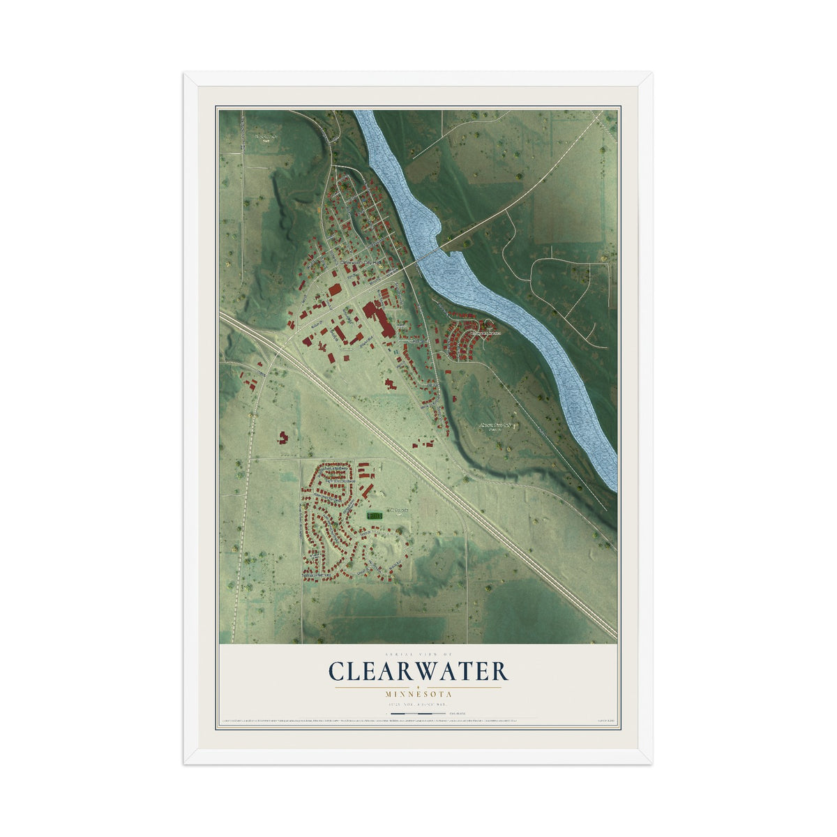 Map of Clearwater, Minnesota, 12 x 18 inch print in a white wood frame
