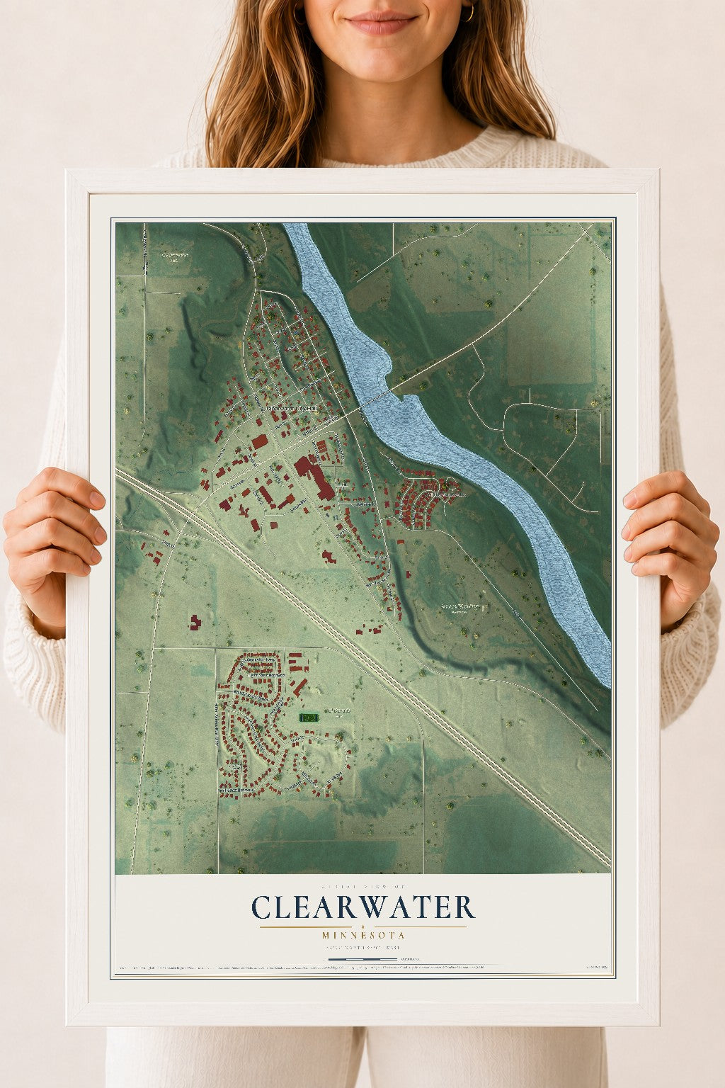 Map of Clearwater, Minnesota, 18 x 24 inch print in a white wood frame