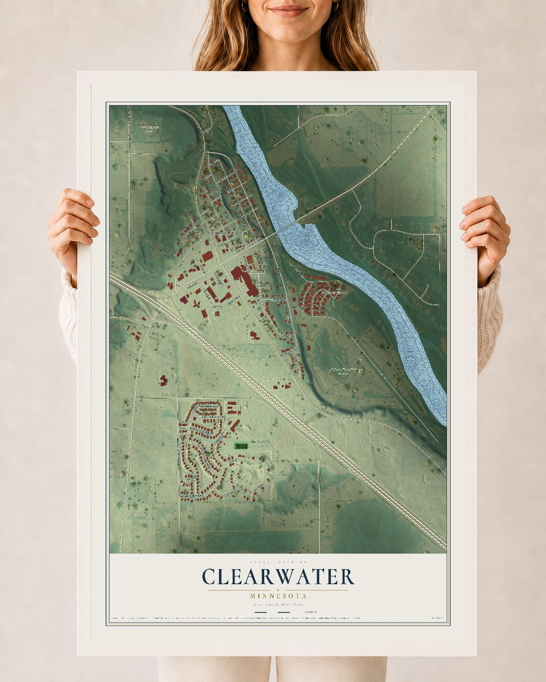 Map of Clearwater, Minnesota, 24 x 36 inch print in a white wood frame