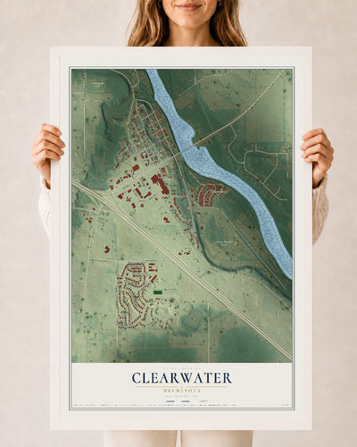 Map of Clearwater, Minnesota, 24 x 36 inch print in a white wood frame