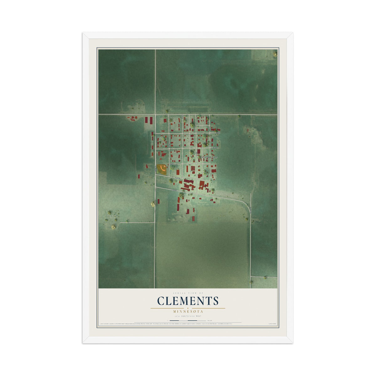 Map of Clements, Minnesota, 12 x 18 inch print in a white wood frame
