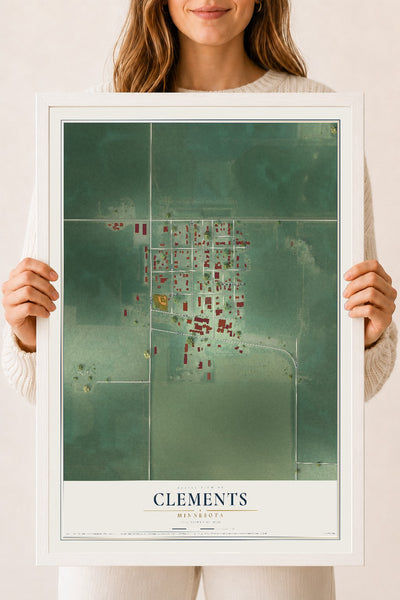 Map of Clements, Minnesota, 18 x 24 inch print in a white wood frame