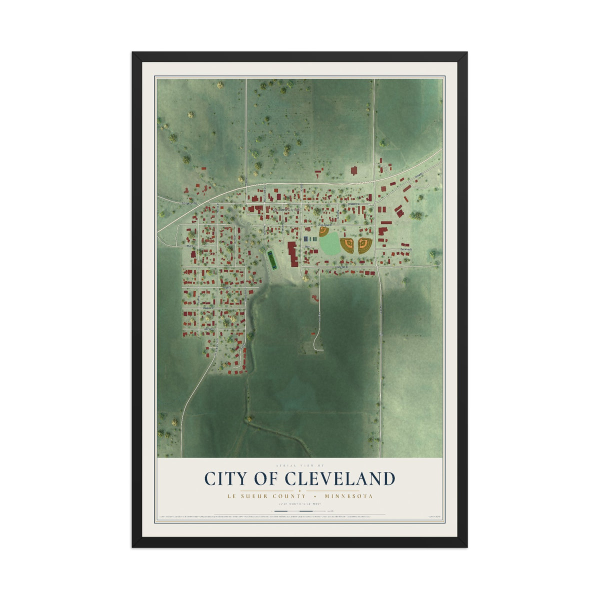 Map of Cleveland, Minnesota, 12 x 18 inch print in a black wood frame
