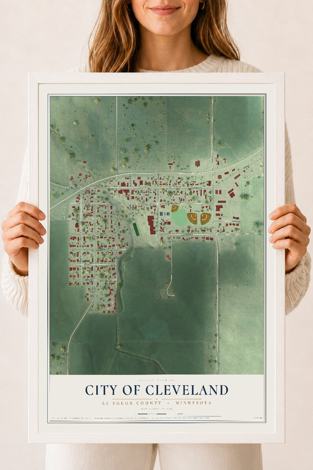 Map of Cleveland, Minnesota, 18 x 24 inch print in a white wood frame