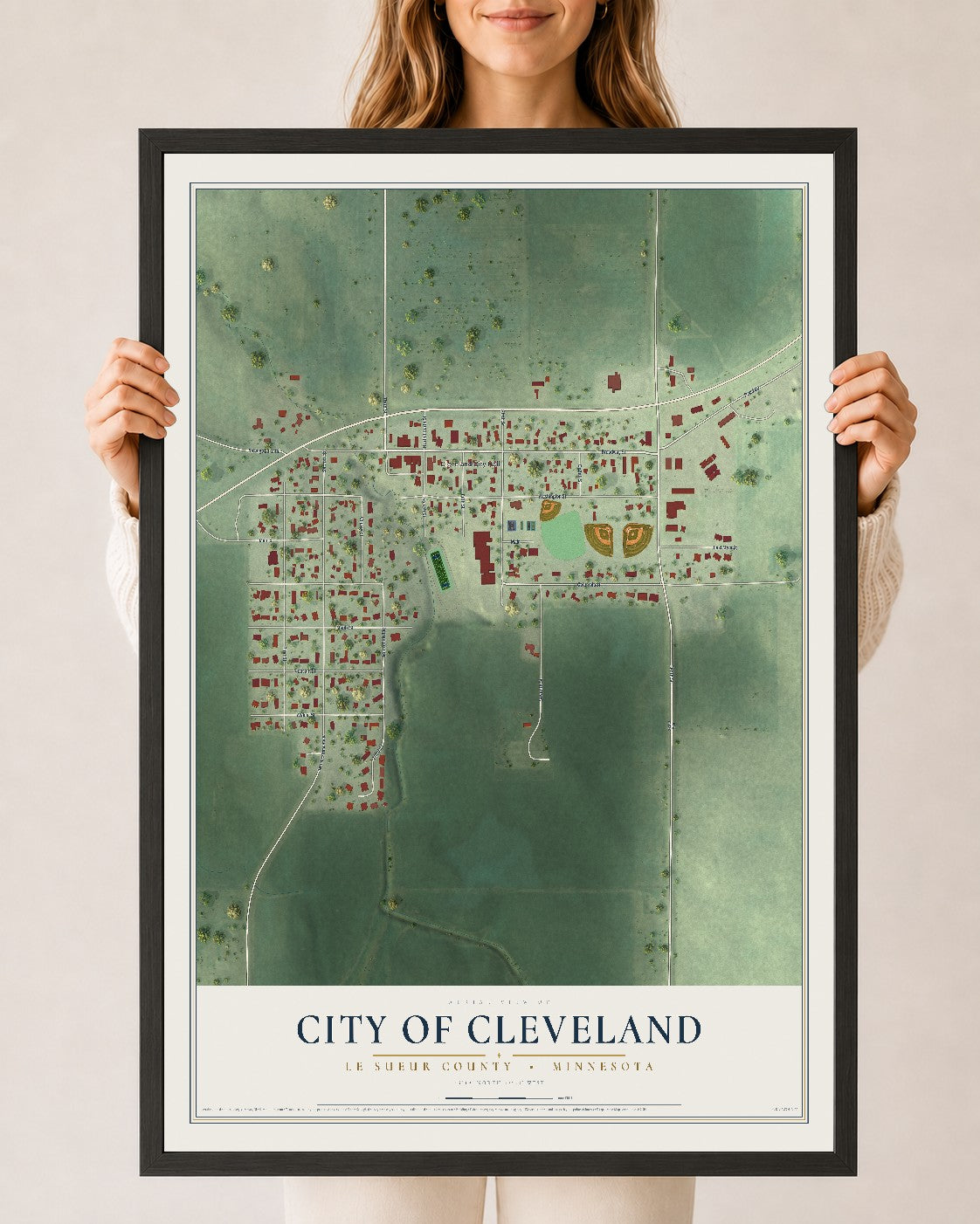 Map of Cleveland, Minnesota, 24 x 36 inch print in a black wood frame