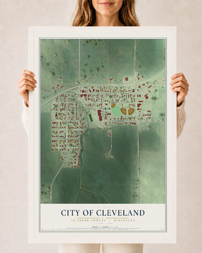 Map of Cleveland, Minnesota, 24 x 36 inch print in a white wood frame