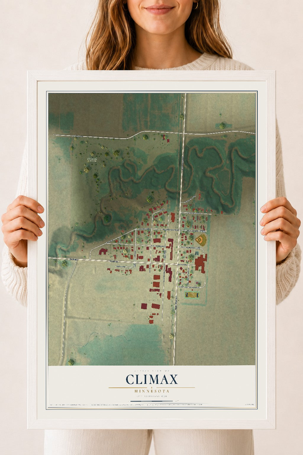 Map of Climax, Minnesota, 18 x 24 inch print in a white wood frame