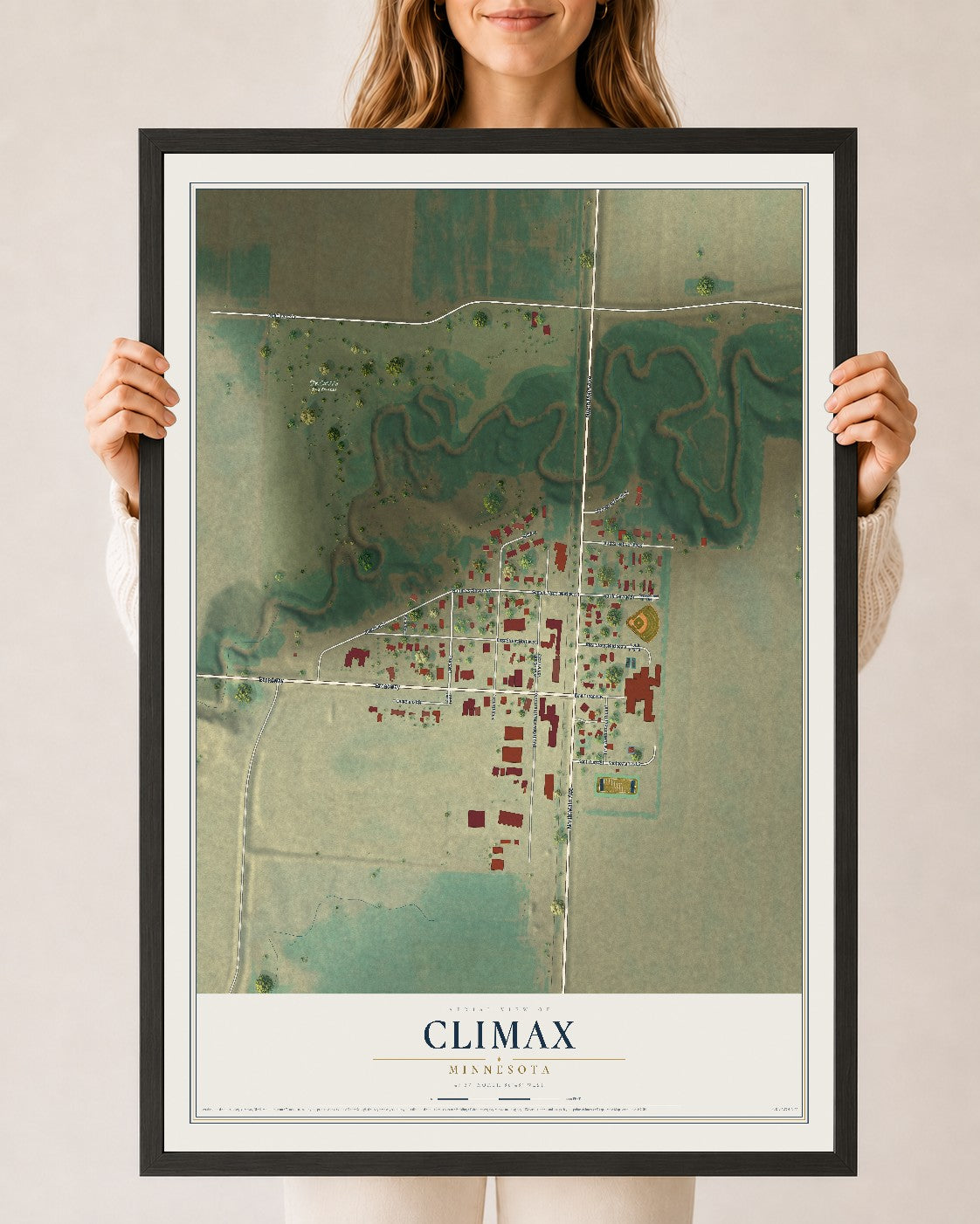 Map of Climax, Minnesota, 24 x 36 inch print in a black wood frame