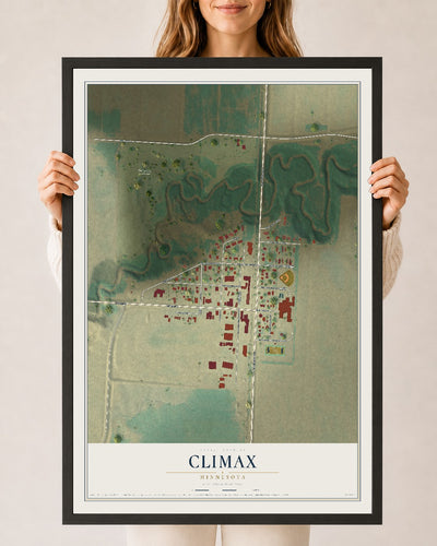 Map of Climax, Minnesota, 24 x 36 inch print in a black wood frame