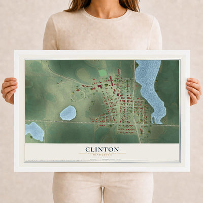 Map of Clinton, Minnesota, 12 x 18 inch print in a white wood frame
