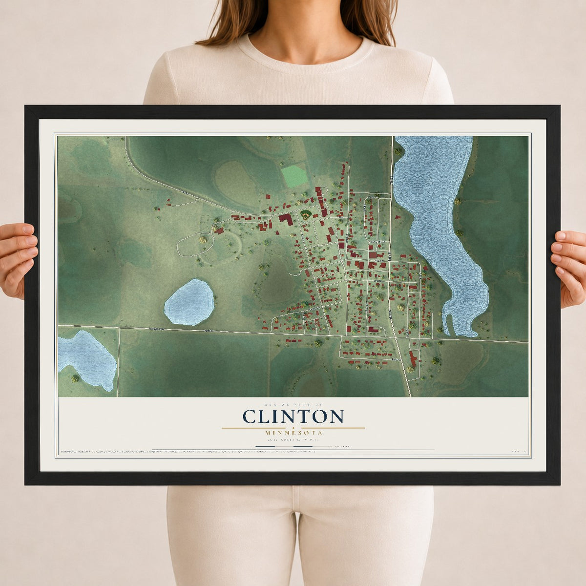 Map of Clinton, Minnesota, 18 x 24 inch print in a black wood frame