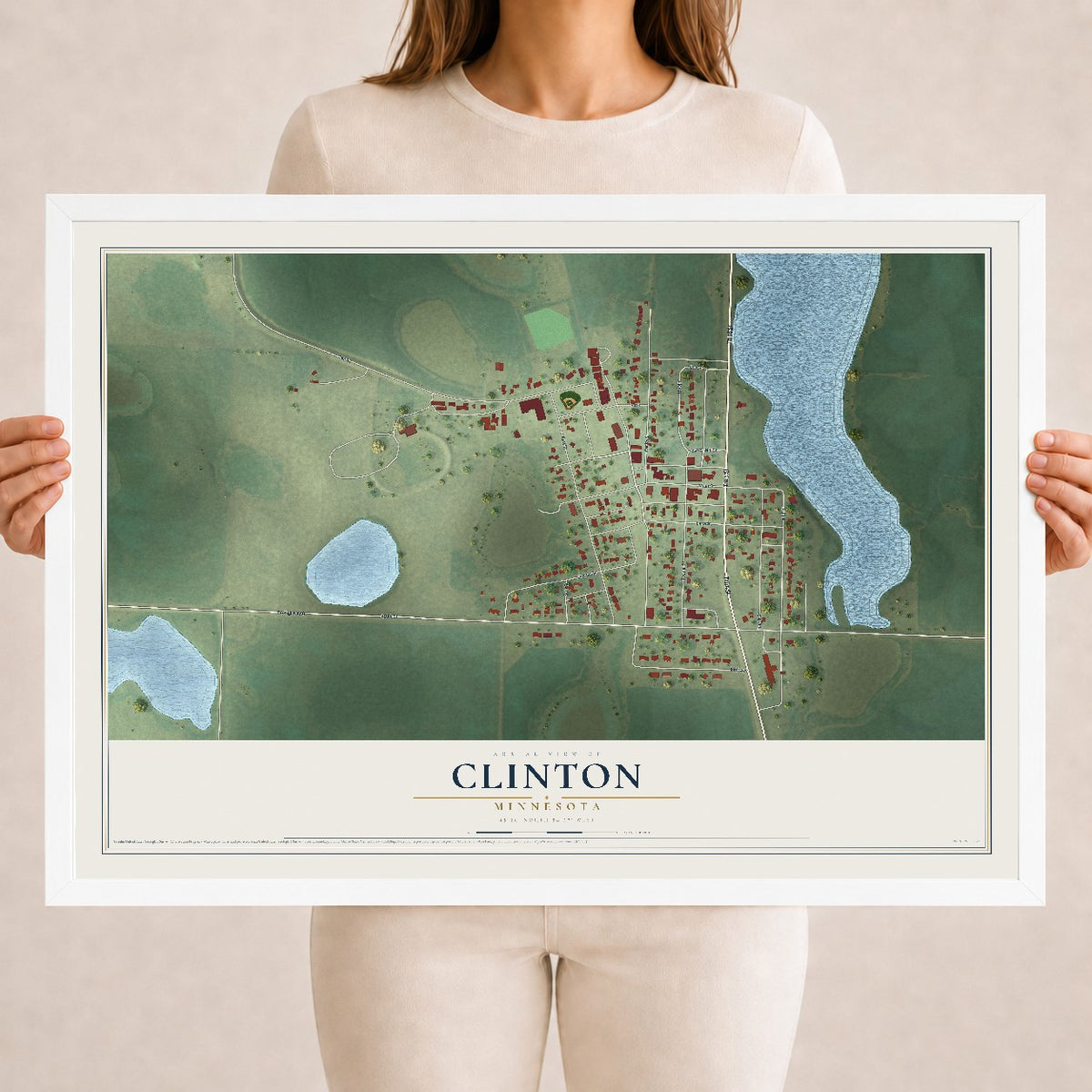 Map of Clinton, Minnesota, 18 x 24 inch print in a white wood frame