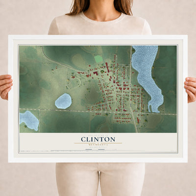 Map of Clinton, Minnesota, 18 x 24 inch print in a white wood frame