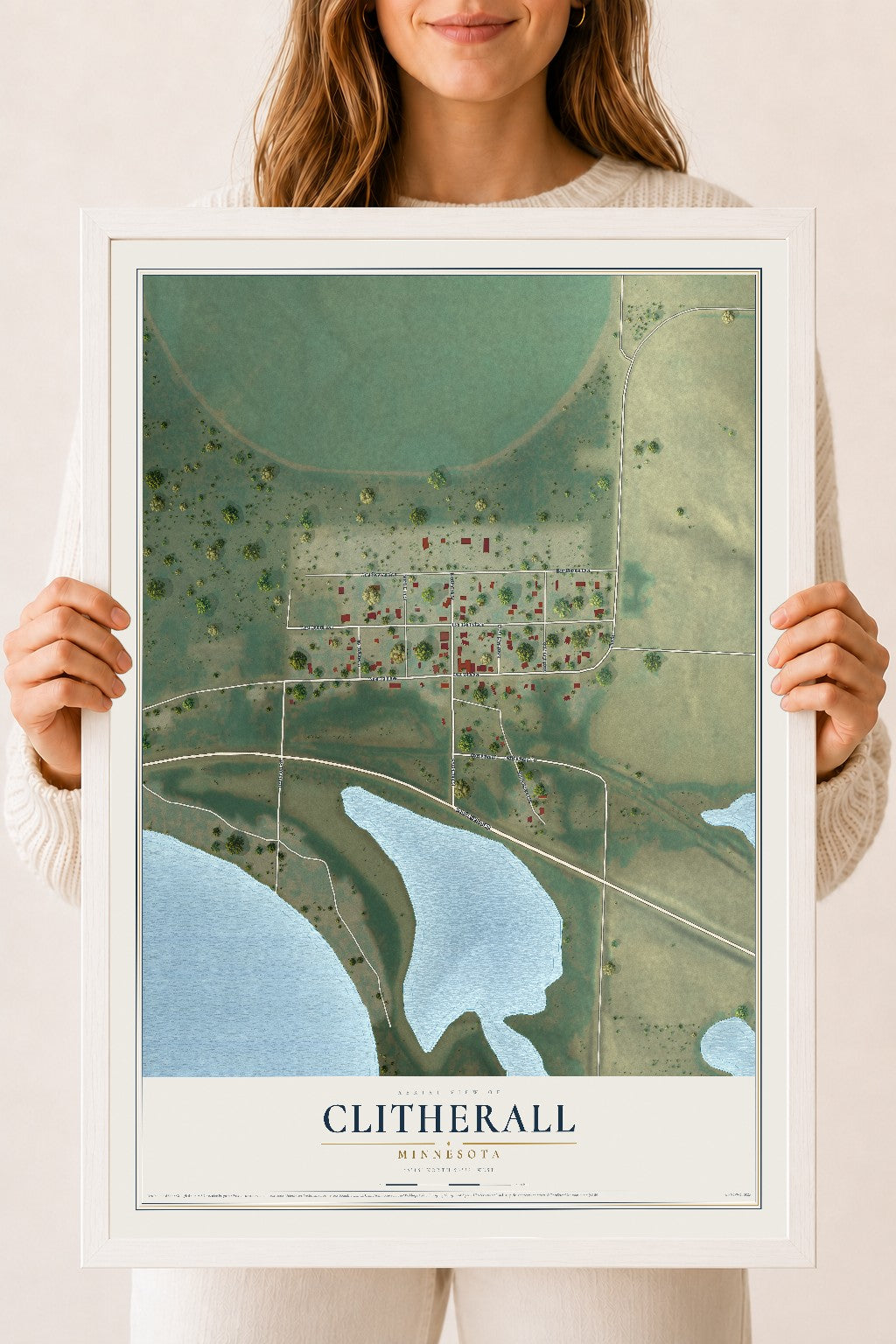 Map of Clitherall, Minnesota, 18 x 24 inch print in a white wood frame
