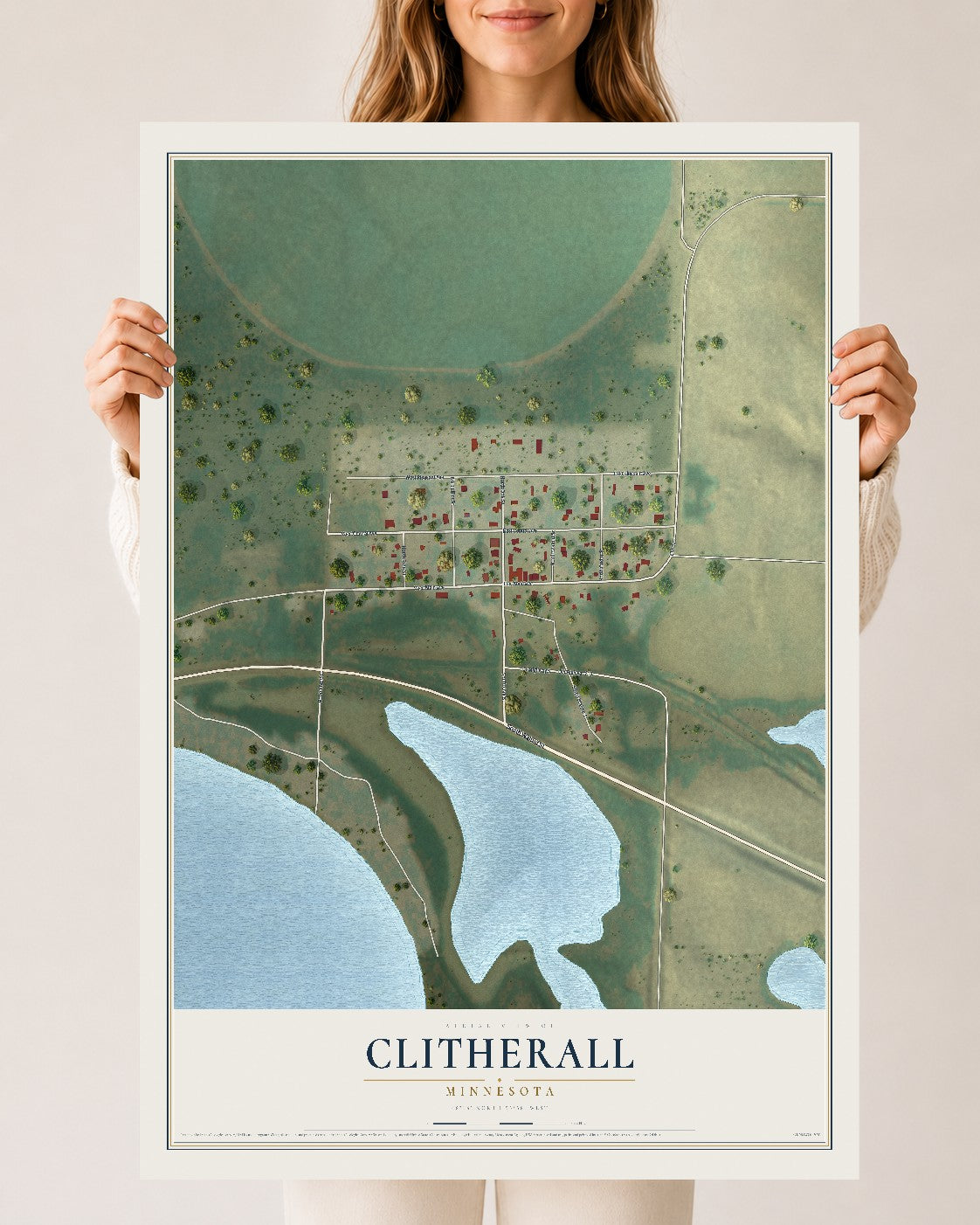 Map of Clitherall, Minnesota, 24 x 36 inch unframed archival matte print