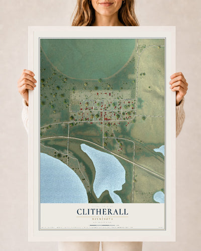Map of Clitherall, Minnesota, 24 x 36 inch print in a white wood frame