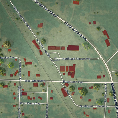 Close-up of the map of Clontarf, Minnesota print showing street and building detail