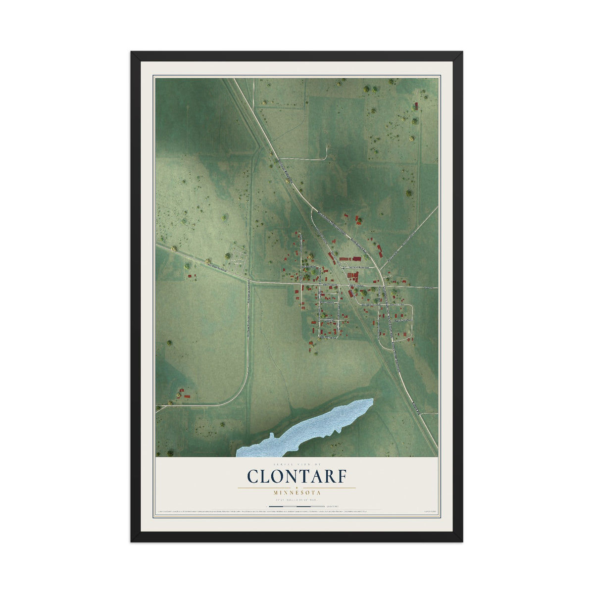 Map of Clontarf, Minnesota, 12 x 18 inch print in a black wood frame