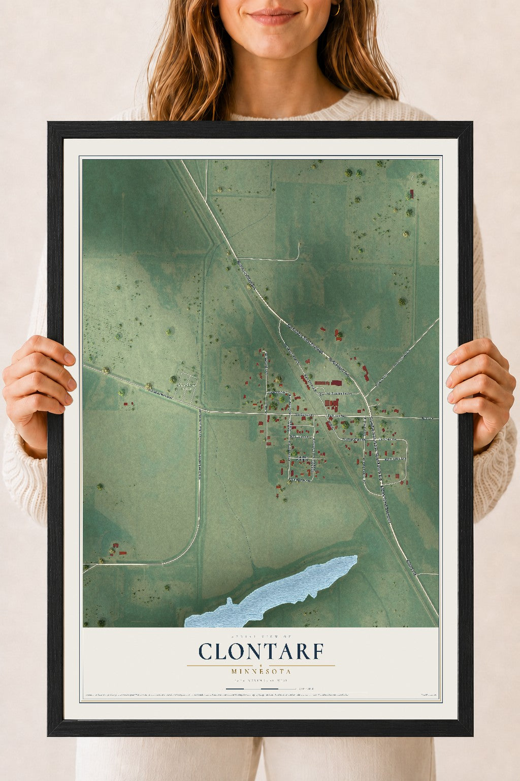 Map of Clontarf, Minnesota, 18 x 24 inch print in a black wood frame