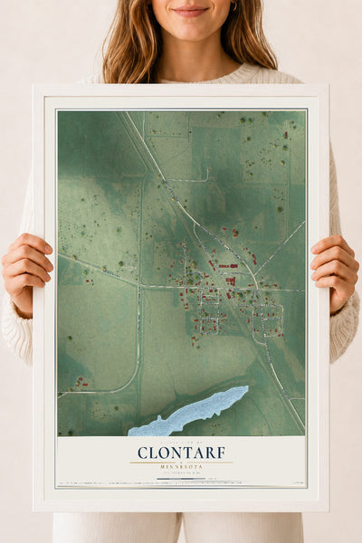 Map of Clontarf, Minnesota, 18 x 24 inch print in a white wood frame