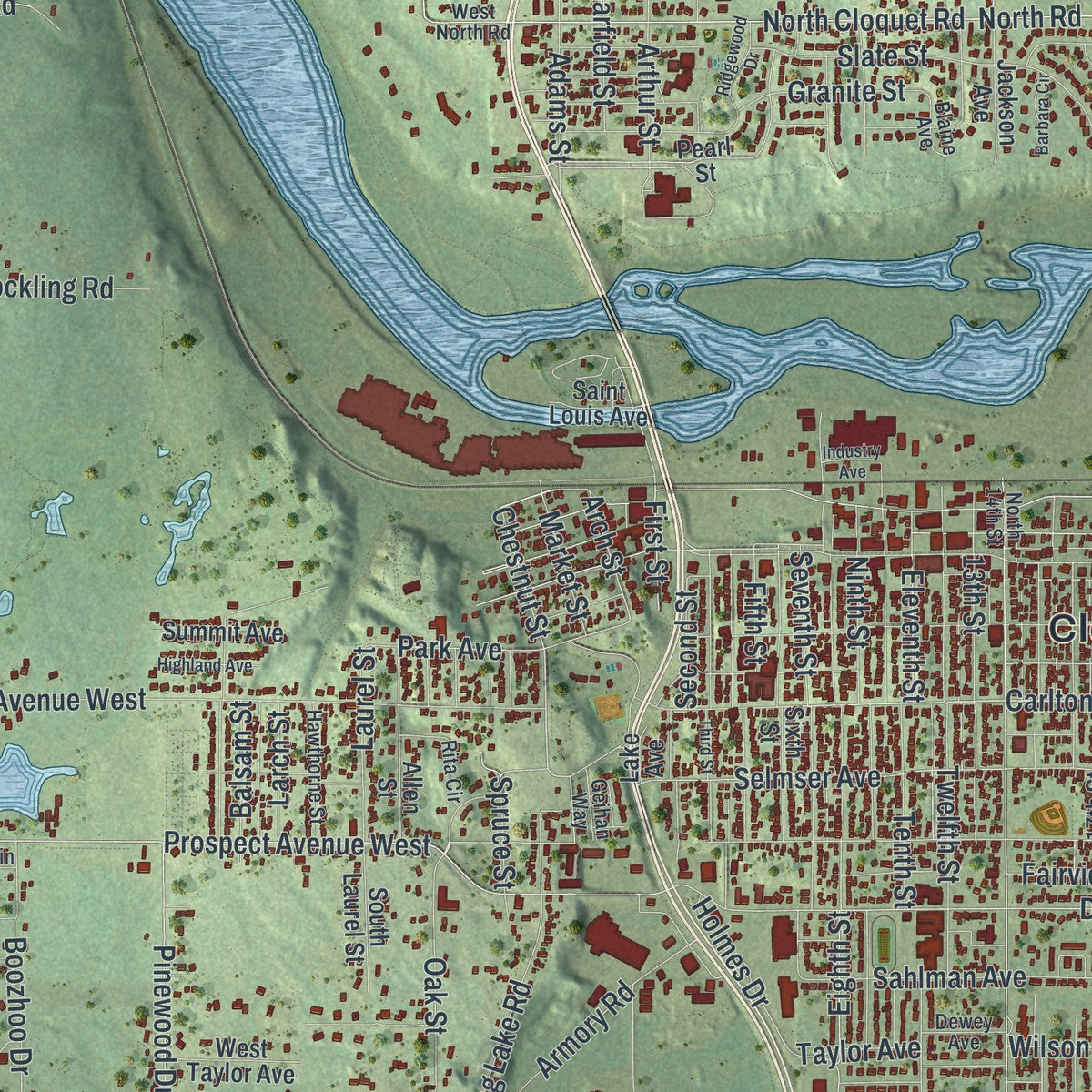 Close-up of the map of Cloquet, Minnesota print showing street and building detail