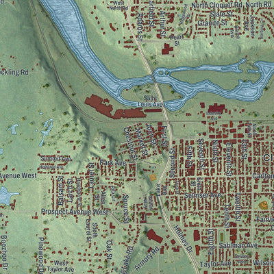 Close-up of the map of Cloquet, Minnesota print showing street and building detail