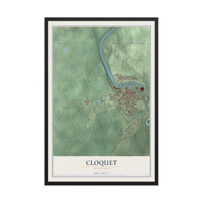 Map of Cloquet, Minnesota, 12 x 18 inch print in a black wood frame