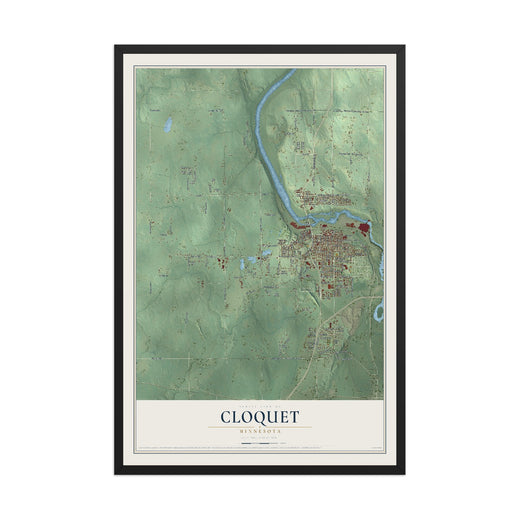 Map of Cloquet, Minnesota, 12 x 18 inch print in a black wood frame