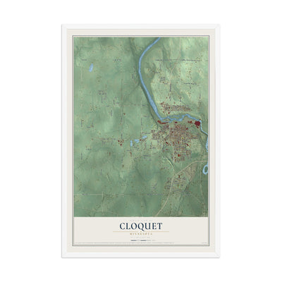 Map of Cloquet, Minnesota, 12 x 18 inch print in a white wood frame