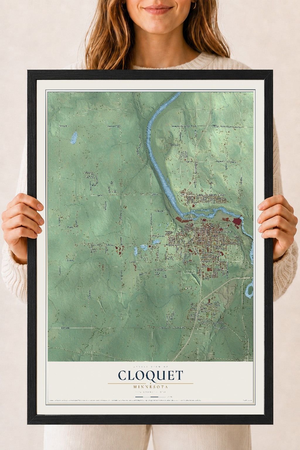 Map of Cloquet, Minnesota, 18 x 24 inch print in a black wood frame