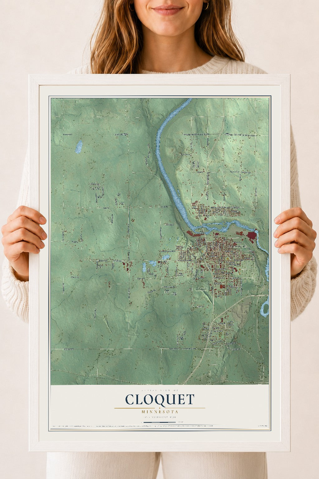 Map of Cloquet, Minnesota, 18 x 24 inch print in a white wood frame