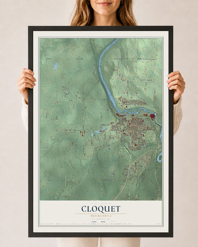 Map of Cloquet, Minnesota, 24 x 36 inch print in a black wood frame