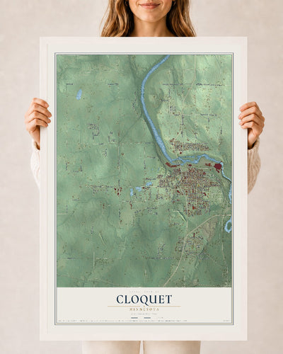 Map of Cloquet, Minnesota, 24 x 36 inch print in a white wood frame