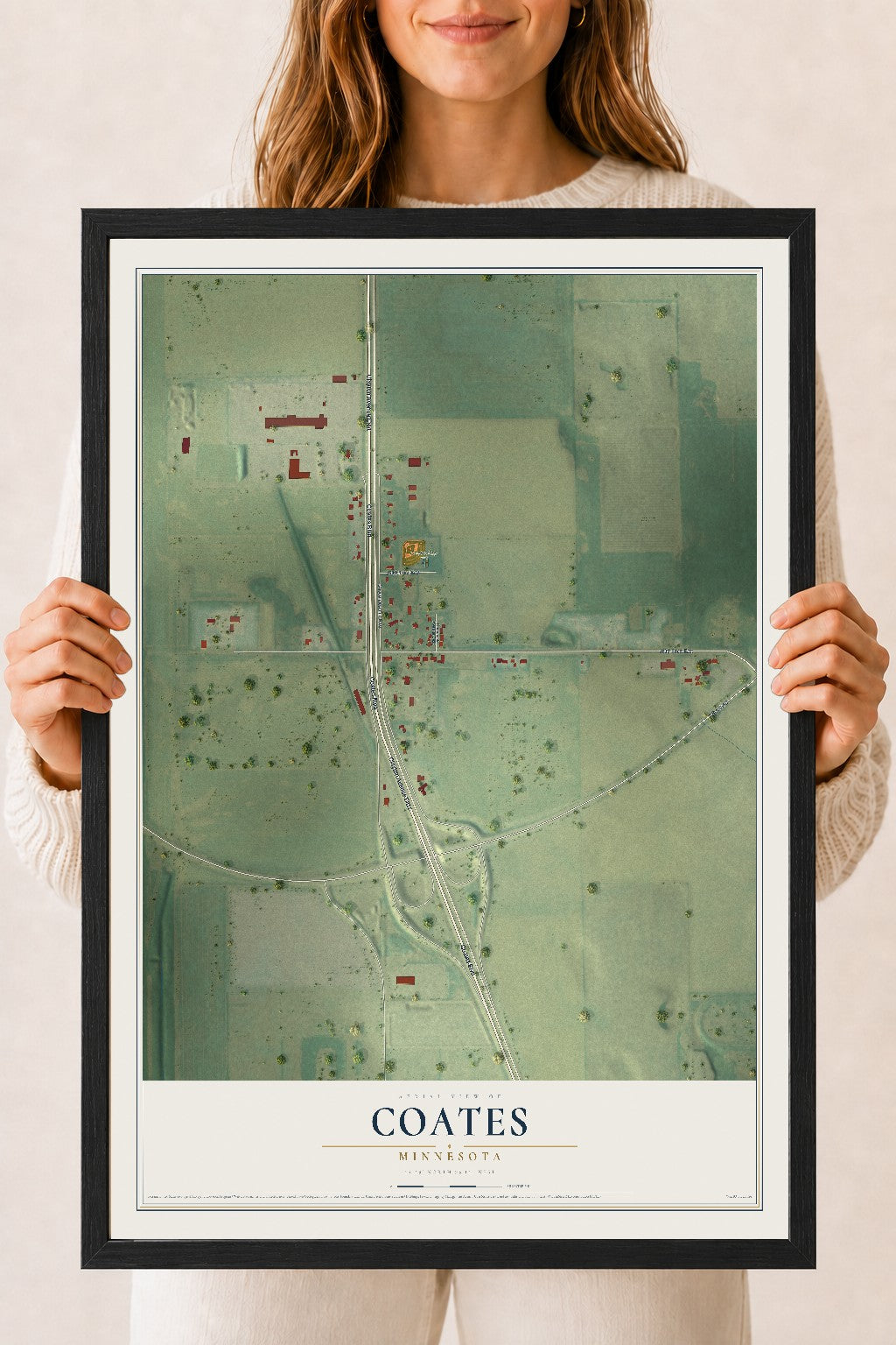 Map of Coates, Minnesota, 18 x 24 inch print in a black wood frame