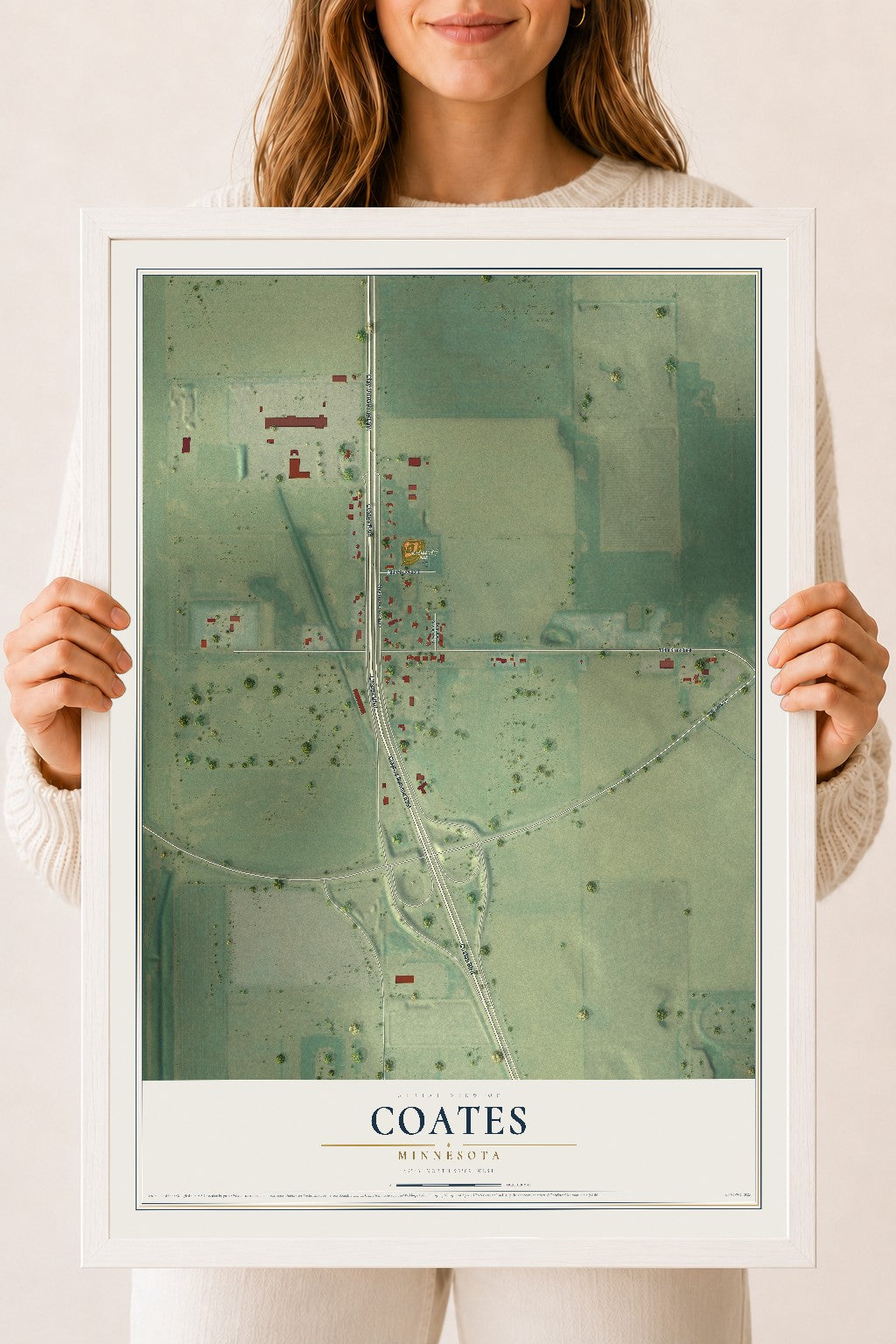 Map of Coates, Minnesota, 18 x 24 inch print in a white wood frame