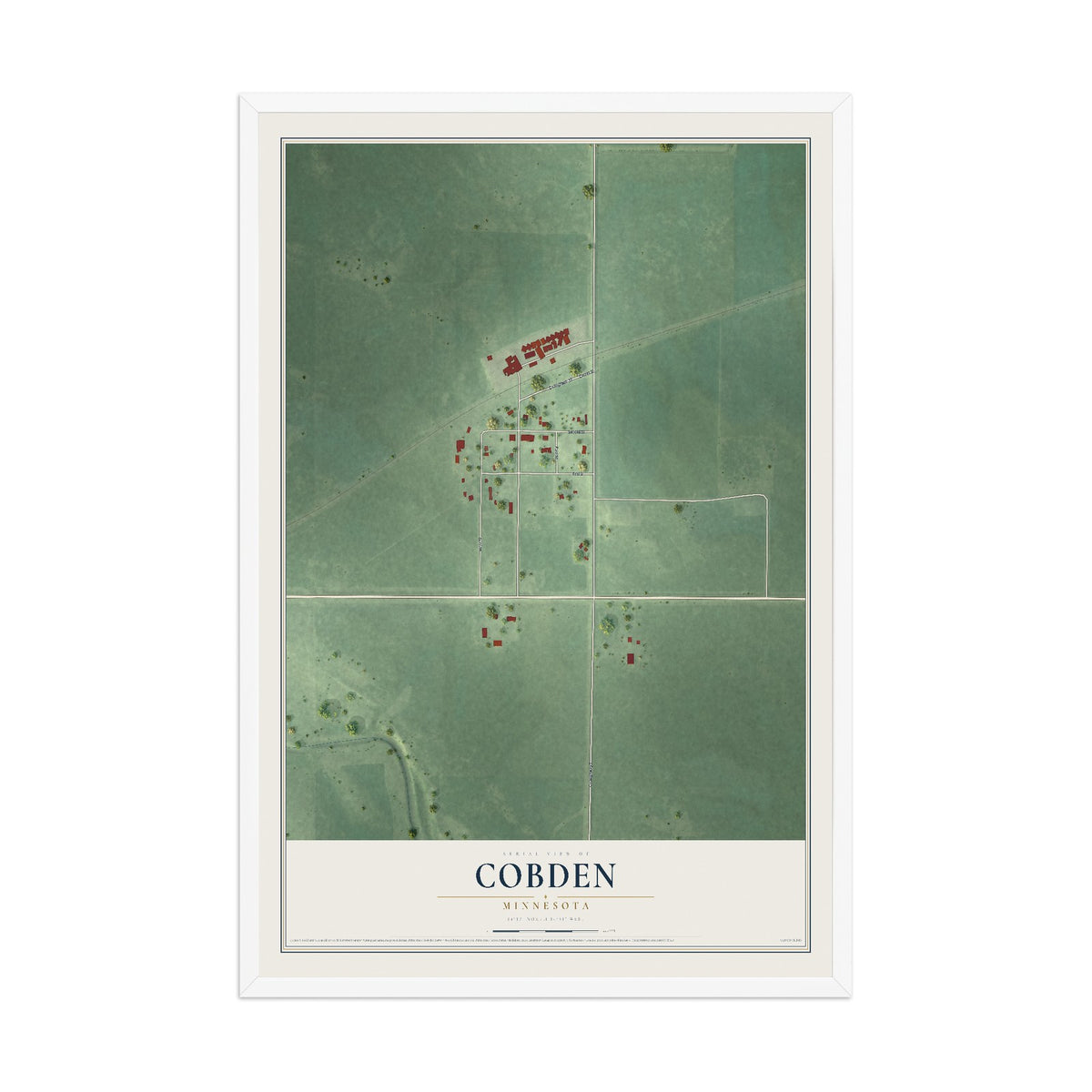 Map of Cobden, Minnesota, 12 x 18 inch print in a white wood frame