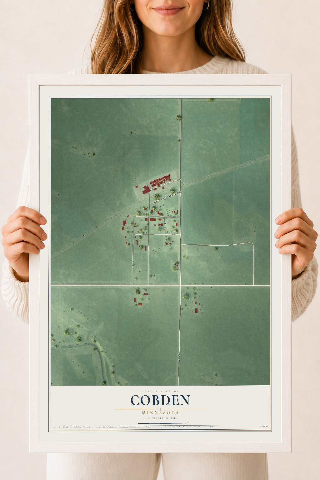 Map of Cobden, Minnesota, 18 x 24 inch print in a white wood frame