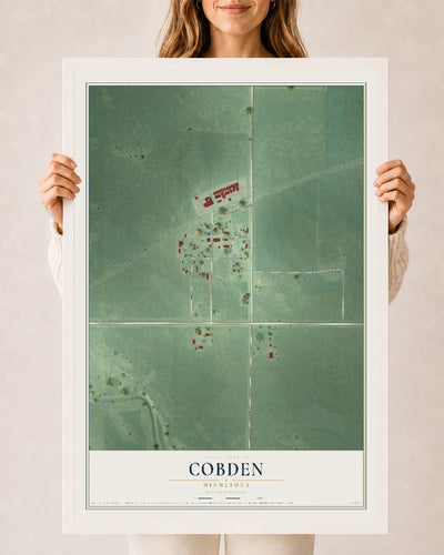 Map of Cobden, Minnesota, 24 x 36 inch print in a white wood frame