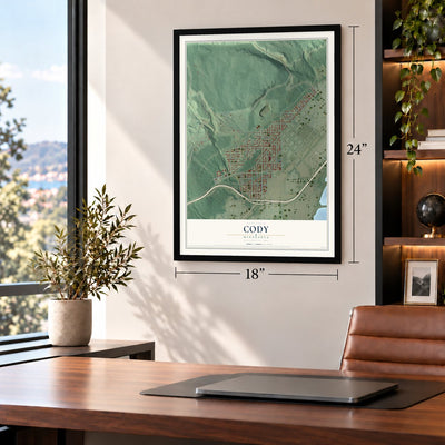 Cody, Minnesota map, 18 x 24 inch print in a black frame in a home office