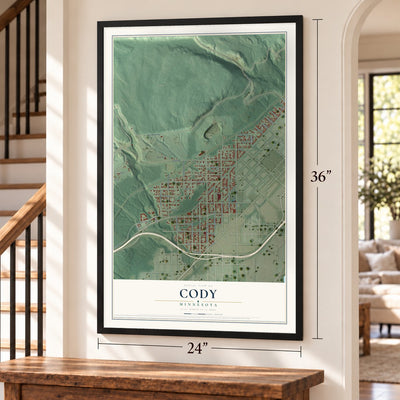 Cody, Minnesota map, 24 x 36 inch print in a black frame by a staircase