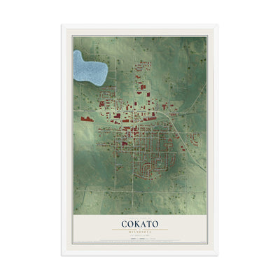 Map of Cokato, Minnesota, 12 x 18 inch print in a white wood frame