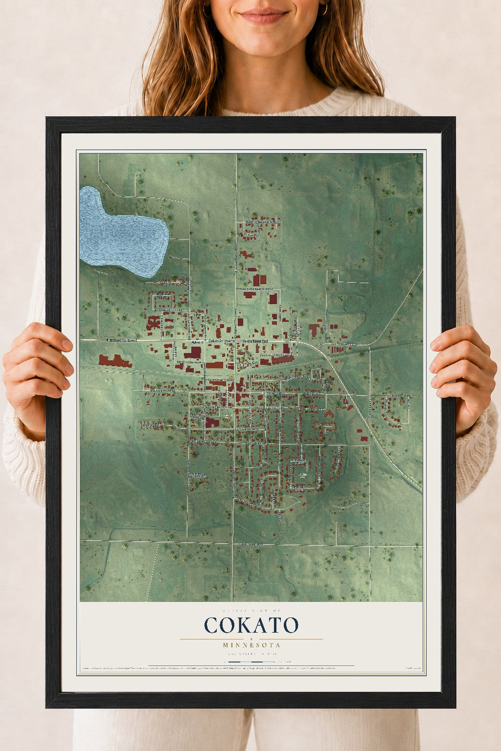 Map of Cokato, Minnesota, 18 x 24 inch print in a black wood frame