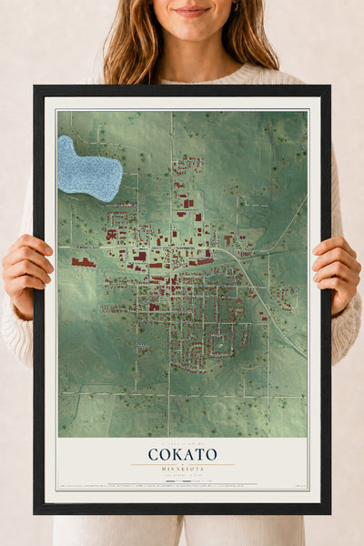Map of Cokato, Minnesota, 18 x 24 inch print in a black wood frame