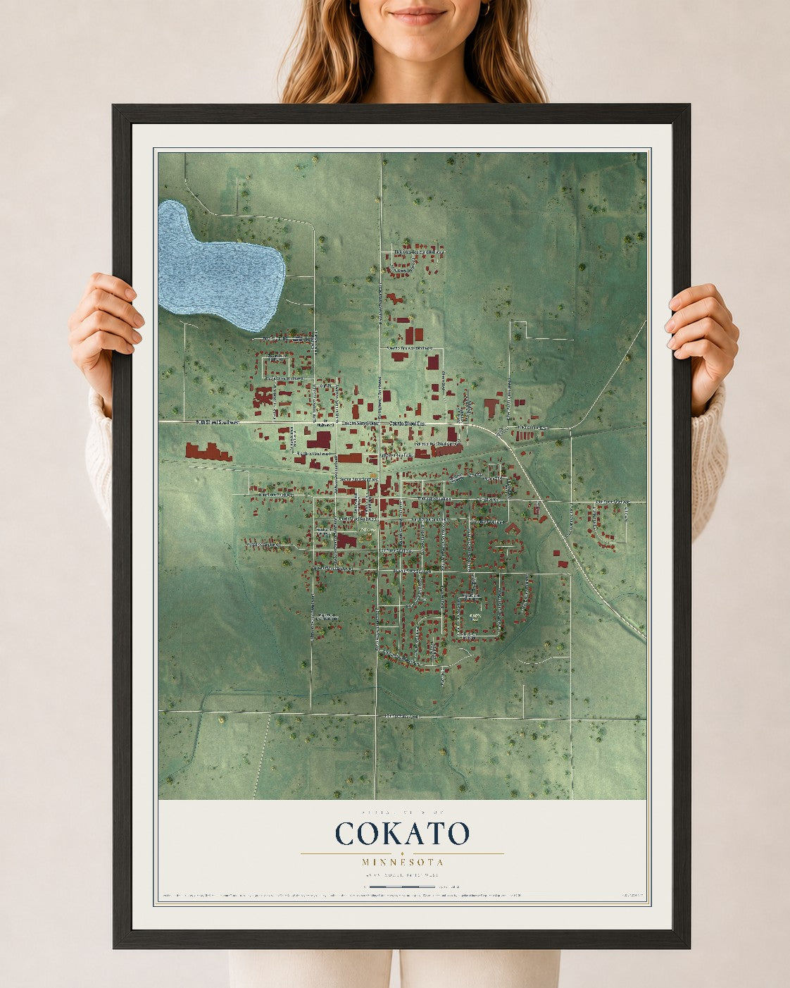 Map of Cokato, Minnesota, 24 x 36 inch print in a black wood frame